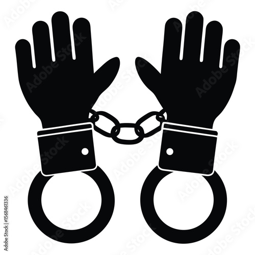 Black silhouette of hands in handcuffs connected by chain linked restraint