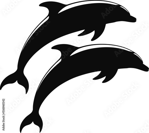 Black silhouette of two dolphins jumping in sync on white background (1).eps