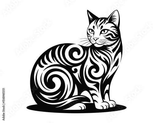 Tribal Cat Silhouette – Black and White Ornamental Animal Tattoo Design"