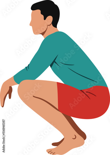 Man in green shirt and red shorts squatting exercise pose isolated on white background vector illustration