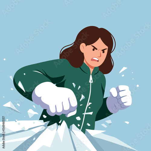 Angry woman breaking through ice with fist in determined action vector illustration