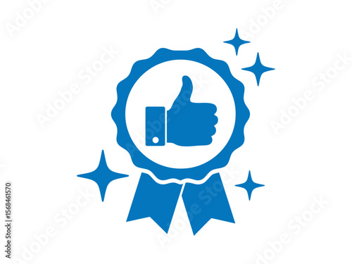 Award Icons, Thumbs Up in Black, Blue, and Red. Winner medal star and ribbon, set of award icons, each featuring a thumbs-up within a circular frame with ribbons. approval icon with ribbon and stars.