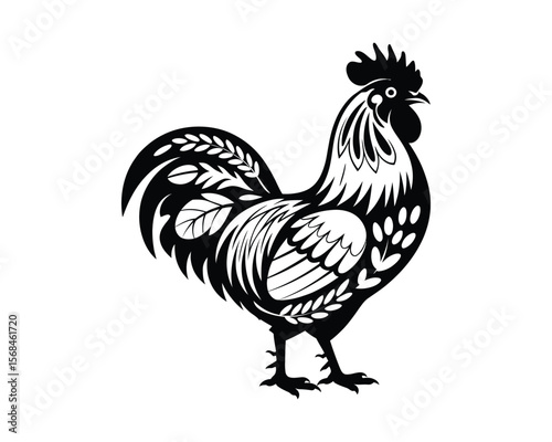 Majestic Rooster Illustration: A detailed illustration of a proud rooster, depicted in striking black and white. showcasing the elegance and symbolism associated with rooster.