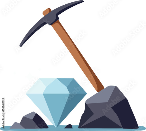 Diamond gem mining pickaxe tool with rocks vector illustration design 
