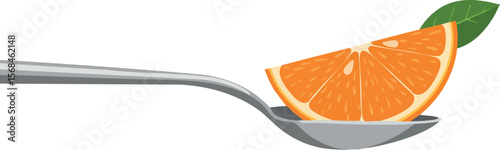 Orange slice with green leaf on silver spoon vector illustration fruit food healthy 