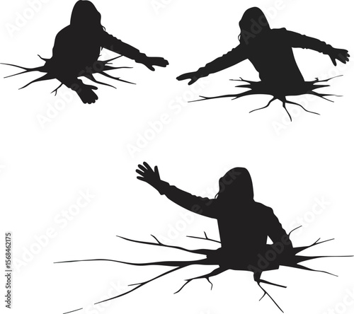 Silhouettes of people trapped in broken ground reaching out with hands in black vector design