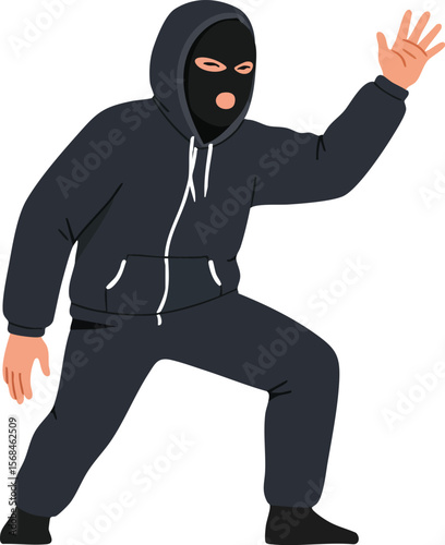 Hooded man in black balaclava mask crouching and raising hand in defensive or aggressive pose vector illustration