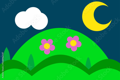 Romantic Night Landscape With Green Slopes And Glowing Stars