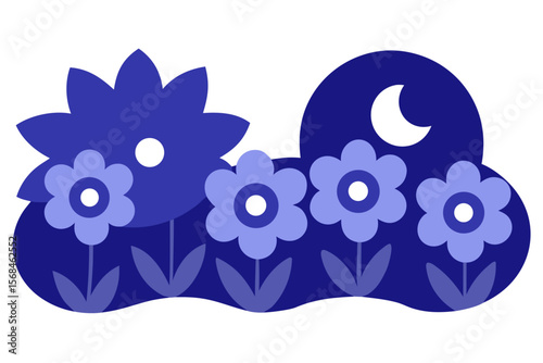 Scenic Moonlit Night In Flower Filled Nature Landscape