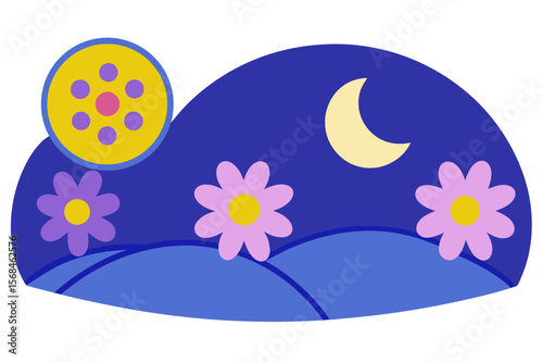 Peaceful Wildflower Covered Hills Under Night Sky