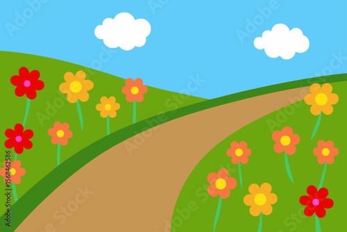 Peaceful Rural Scene With Narrow Road And Wildflowers