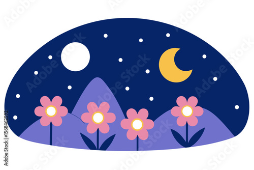 Peaceful Nature Under Night Sky Glowing Stars And Full Moon