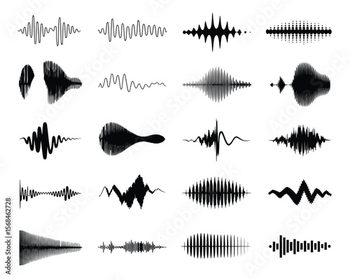 Minimalist Black and White Audio Waveform Icon Set