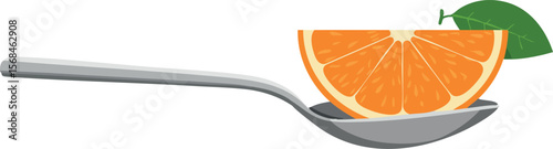Orange fruit slice on silver spoon with green leaf fresh natural food vector 