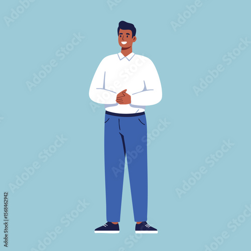 Man standing with hands clasped wearing white shirt and blue jeans smiling vector illustration