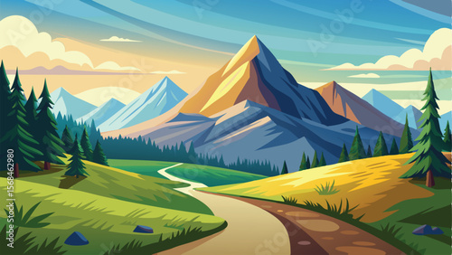 Landscape Illustration Mountain Peak, Winding Road, Green Fields, and Evergreen Trees Under Blue Sky
