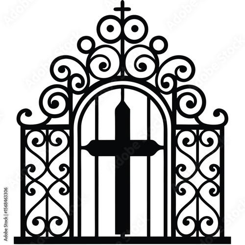 Ornate black gate with cross and scrollwork vector