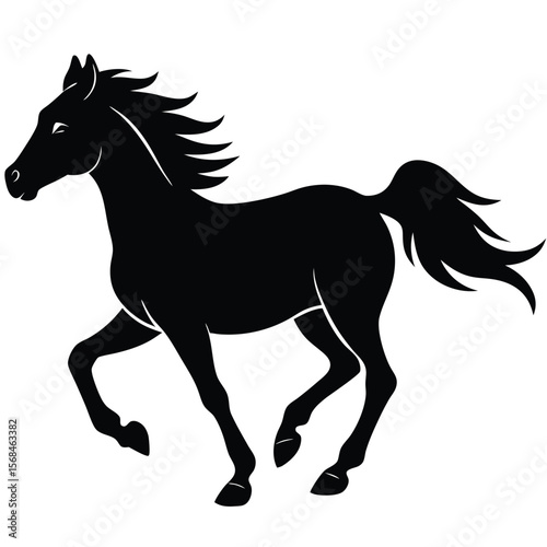 Silhouette of a black horse galloping with flowing mane and tail running