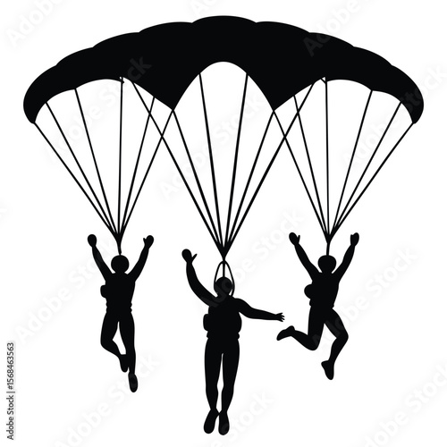 Three skydivers descending under a large parachute skydiving sport