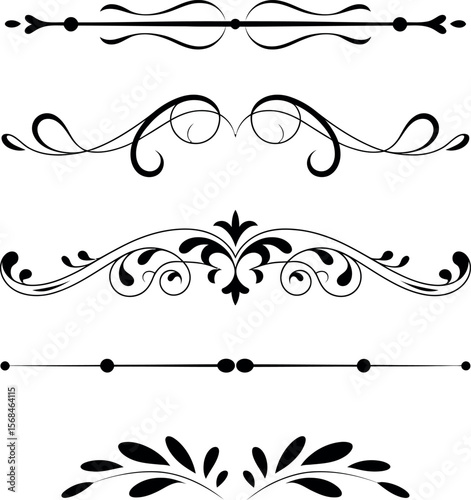 Set of text delimiters  for your projects. Vector illustration. 
Vector set of calligraphic design elements and page decor. Filigree divider wedding Invitation. element, ornament, frame, line, border,