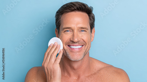 Man applying exfoliating pads to his cheeks in a skincare routine.