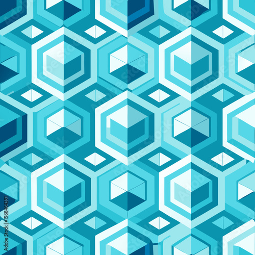 Geometric seamless vector pattern with blue hexagons and cubes  