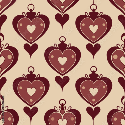 Symmetrical heart locket seamless vector pattern on beige background  