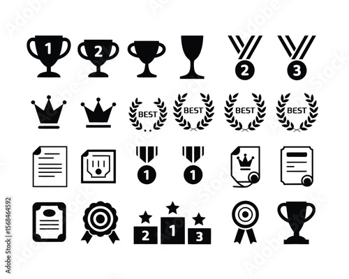 Clean Silhouette Icons of Awards, Crowns, Laurels, and Certificates