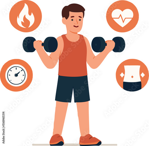 Flat vector character in gym lifting dumbbells with fat-burning icons around, isolated on white