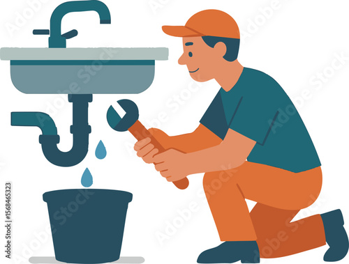 Flat vector character fixing leaking pipe under sink, responsible water use, isolated on white