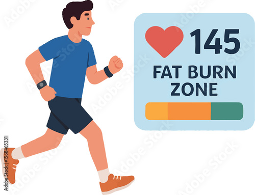 Flat vector character jogging with heart rate monitor and fat burn zone on screen, isolated on white