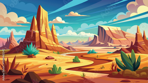 Cartoon Desert Landscape Winding River, Towering Rock Formations, and Blue Sky with Clouds