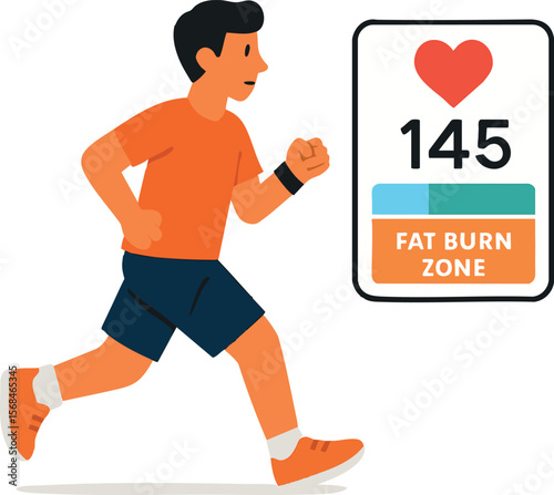 Flat vector character jogging with heart rate monitor and fat burn zone on screen, isolated on white