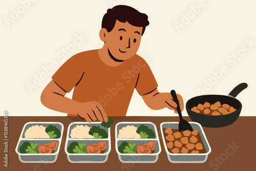 Flat vector character meal prepping healthy dishes into portioned containers, clean eating habit, isolated on white