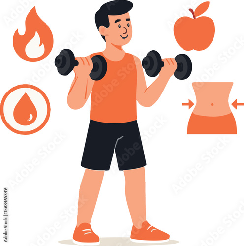 Flat vector character in gym lifting dumbbells with fat-burning icons around, isolated on white