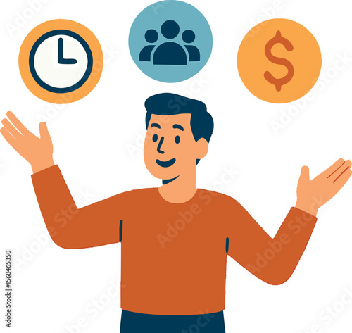 Flat vector character juggling icons for time, people and budget, multitasking symbol, isolated on white