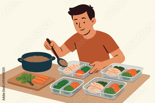 Flat vector character meal prepping healthy dishes into portioned containers, clean eating habit, isolated on white