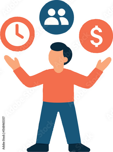 Flat vector character juggling icons for time, people and budget, multitasking symbol, isolated on white
