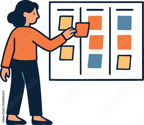 Flat vector character organizing sticky notes on kanban board, agile workflow concept, isolated on white