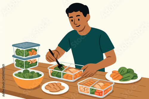 Flat vector character meal prepping healthy dishes into portioned containers, clean eating habit, isolated on white