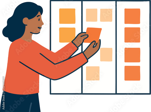 Flat vector character organizing sticky notes on kanban board, agile workflow concept, isolated on white