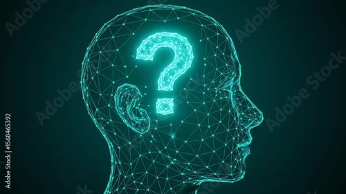 Abstract animation of glowing wireframe heads, each with a question mark, exploring themes of inquiry, uncertainty, and the search for answers