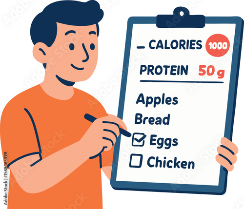 Flat vector character planning grocery list with calorie values and protein intake marked, isolated on white