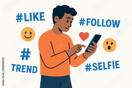 Flat vector character scrolling on smartphone surrounded by trending hashtags and emojis, social media trend, isolated on white