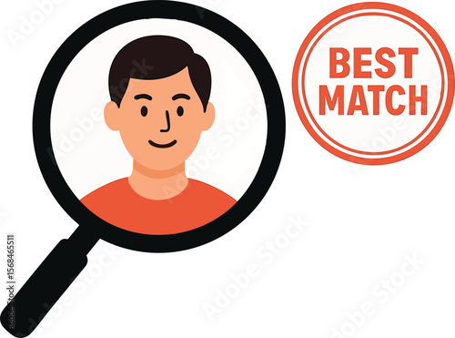 Flat vector character selected from magnifying glass, "best match" stamp beside them, isolated on white