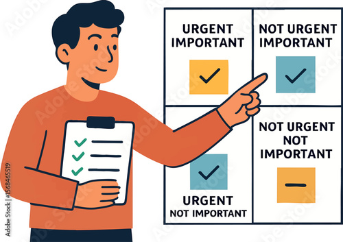 Flat vector character prioritizing task list using Eisenhower matrix, productivity tool, isolated on white