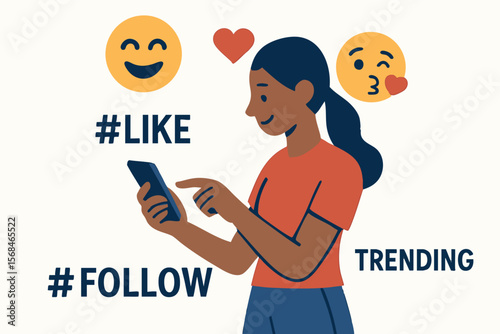 Flat vector character scrolling on smartphone surrounded by trending hashtags and emojis, social media trend, isolated on white