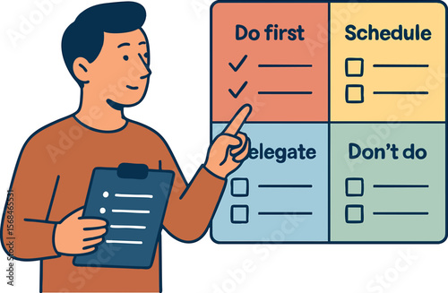 Flat vector character prioritizing task list using Eisenhower matrix, productivity tool, isolated on white