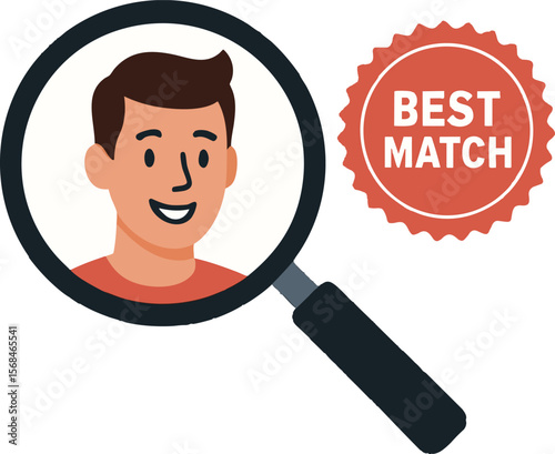 Flat vector character selected from magnifying glass, "best match" stamp beside them, isolated on white