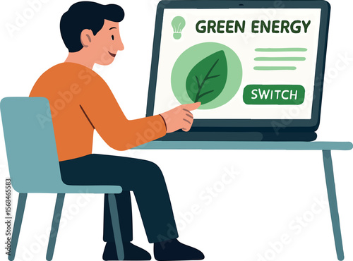 Flat vector character switching to green energy provider online, sustainable digital action, isolated on white